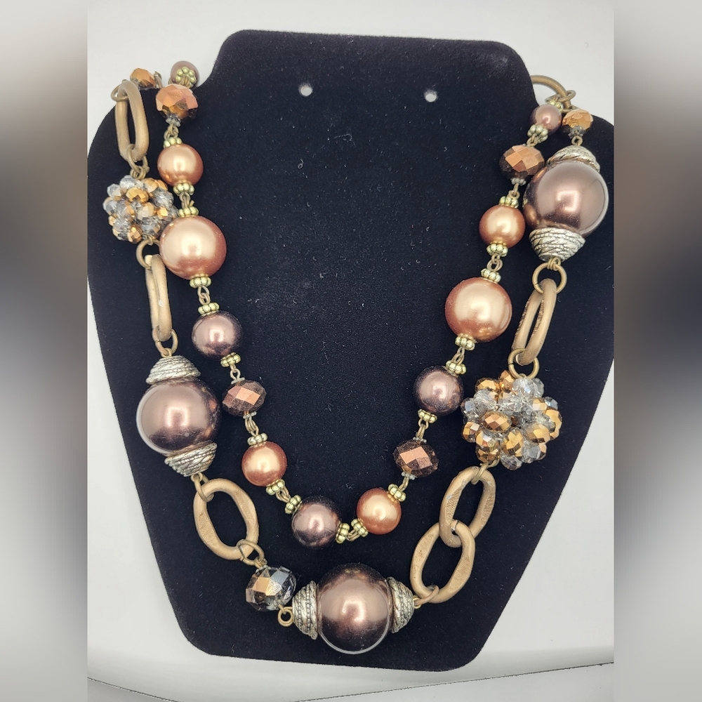 Vintage Two-strand Brown/Taupe Bead & Rhinestone Necklace Silver Accents